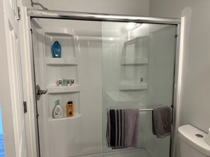 Regadera, toallas, jabón, shampoo 