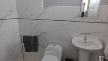 Regadera, toallas, jabón, papel de baño