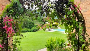 A lush garden with a brick wall, a grassy lawn, and a small pool. - Casa rodeada de naturaleza en Villeta (Villeta)