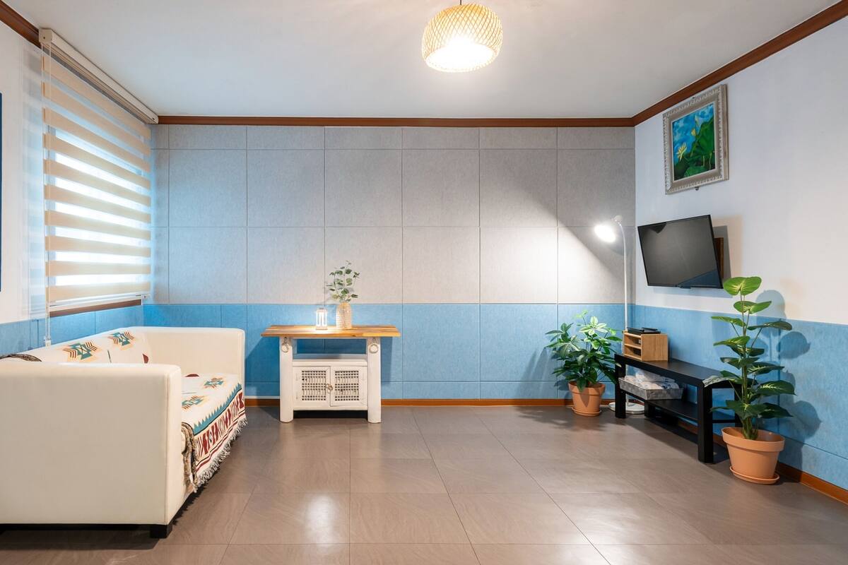 Habitació amb un sofà, una taula petita amb una planta, una televisió i una estant penjada a la paret.