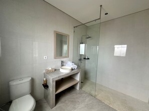 Shower, bidet, towels, soap