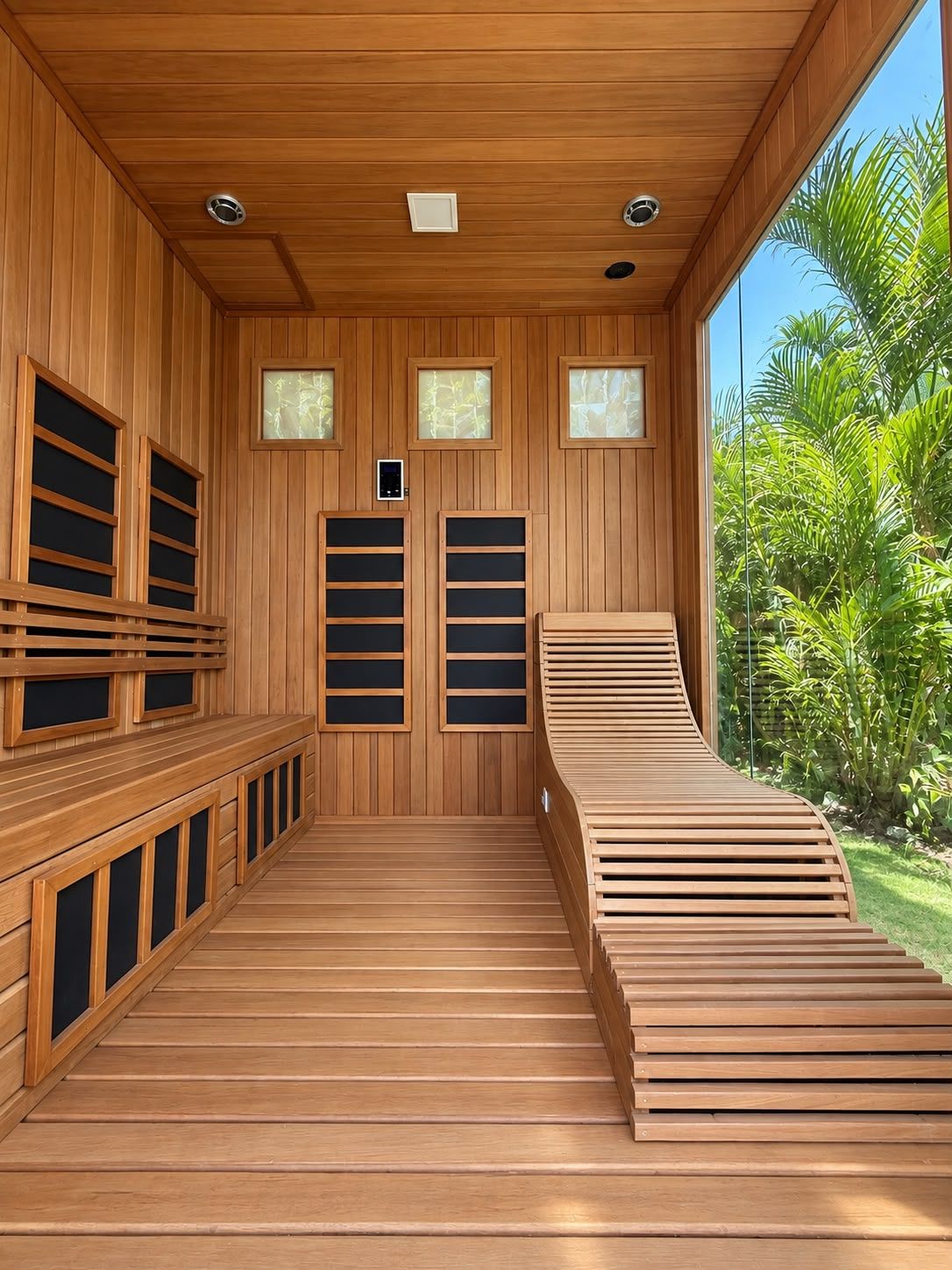 Uma sauna de madeira com banco curvo, janelas amplas e vista para o verde lá fora.