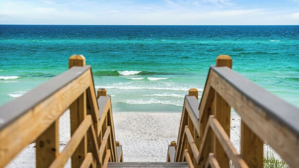 A wooden staircase leading to a beach with clear turquoise waters. - 30A SANTA ROSA BEACH RETREAT EASY 5 MIN WALK - 4BR 5BA HOUSE W/POOL (Santa Rosa Beach)