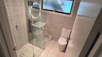 Hair dryer, towels, soap, toilet paper