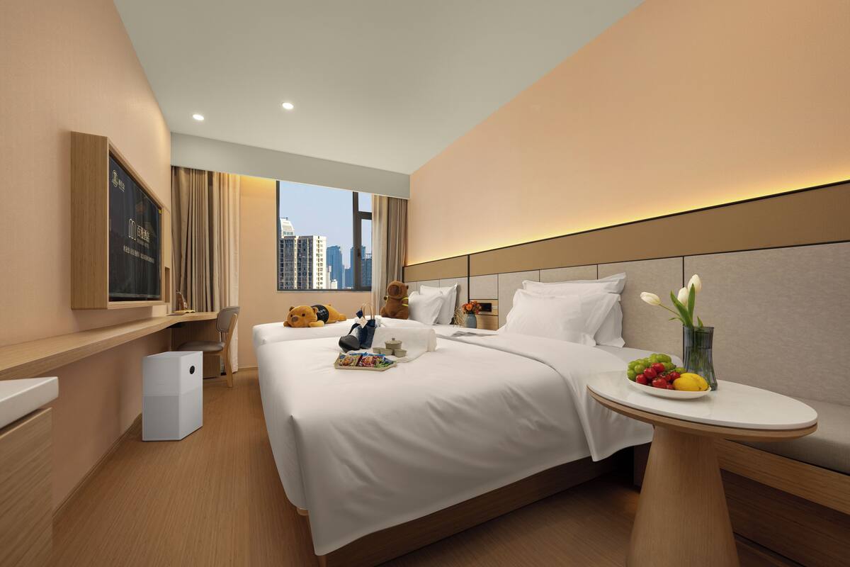 A hotel room with a large bed, a bedside table with fruit, a TV, and a view of the city skyline.