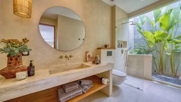 Shower, free toiletries, hair dryer, towels