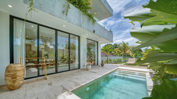 A modern house with a swimming pool, large windows, and tropical plants.