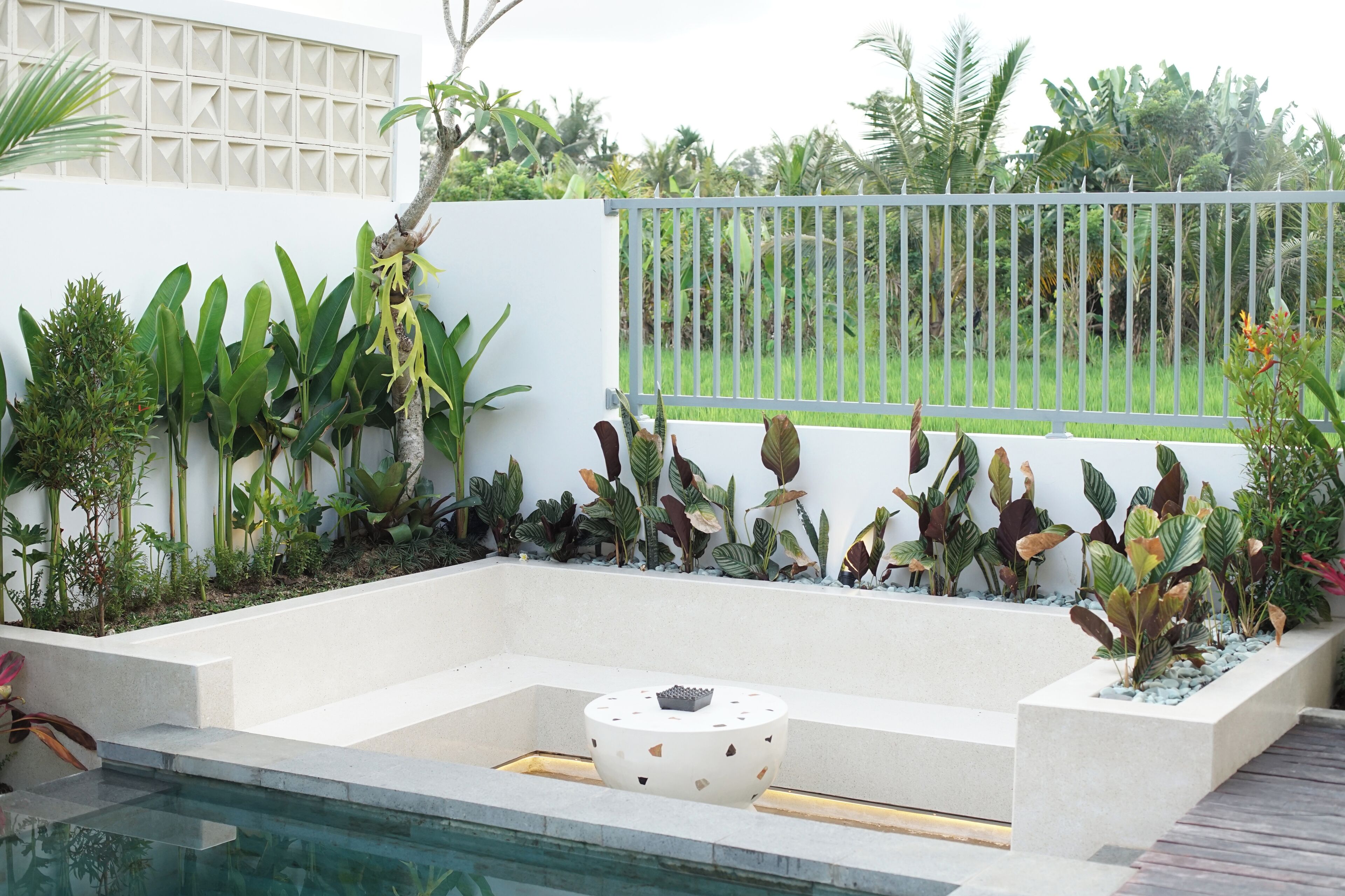 A modern outdoor pool area with a geometric design, surrounded by lush tropical plants and a white fence.