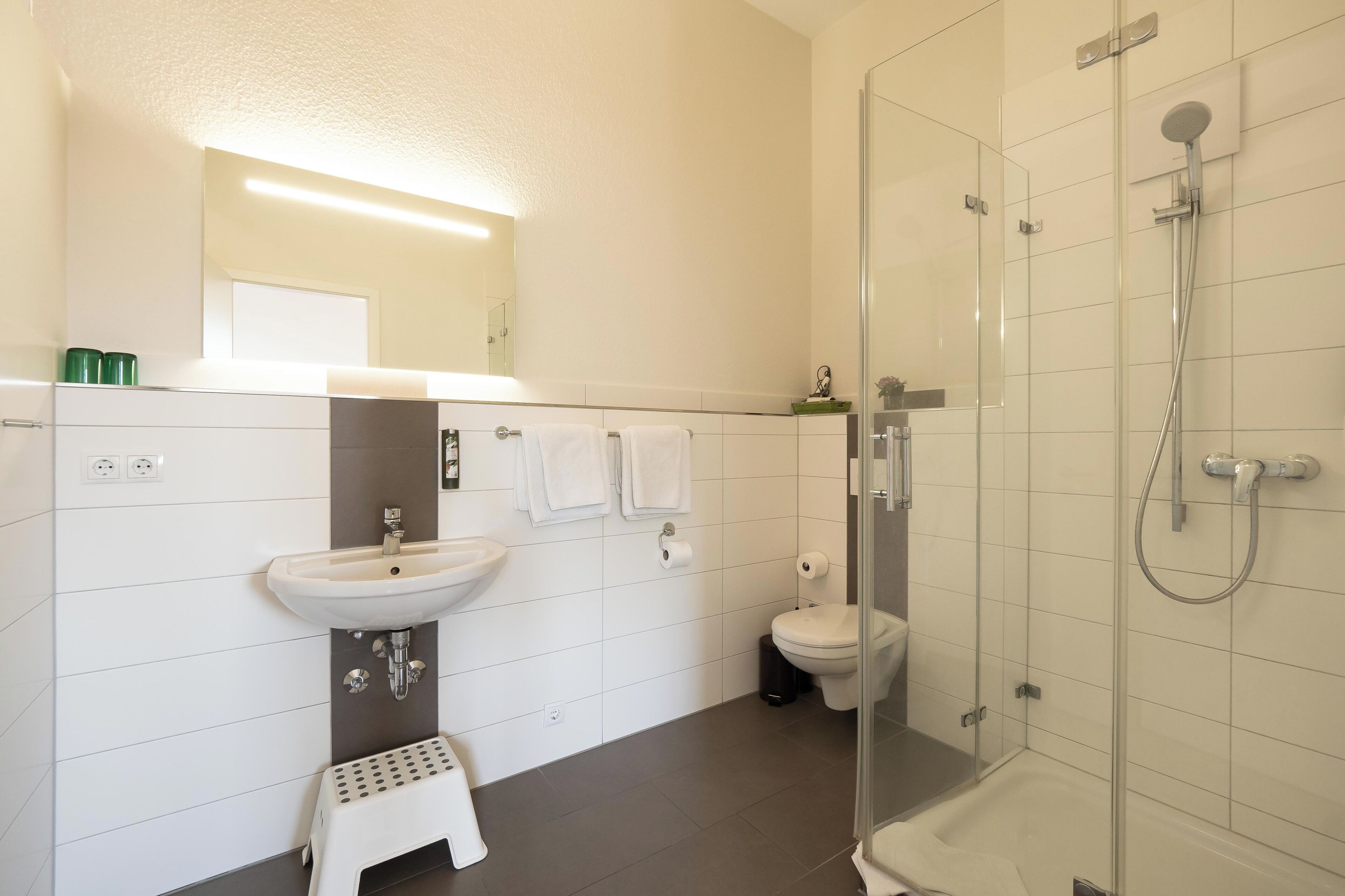 A modern bathroom with a glass-enclosed shower, a sink, and a toilet.