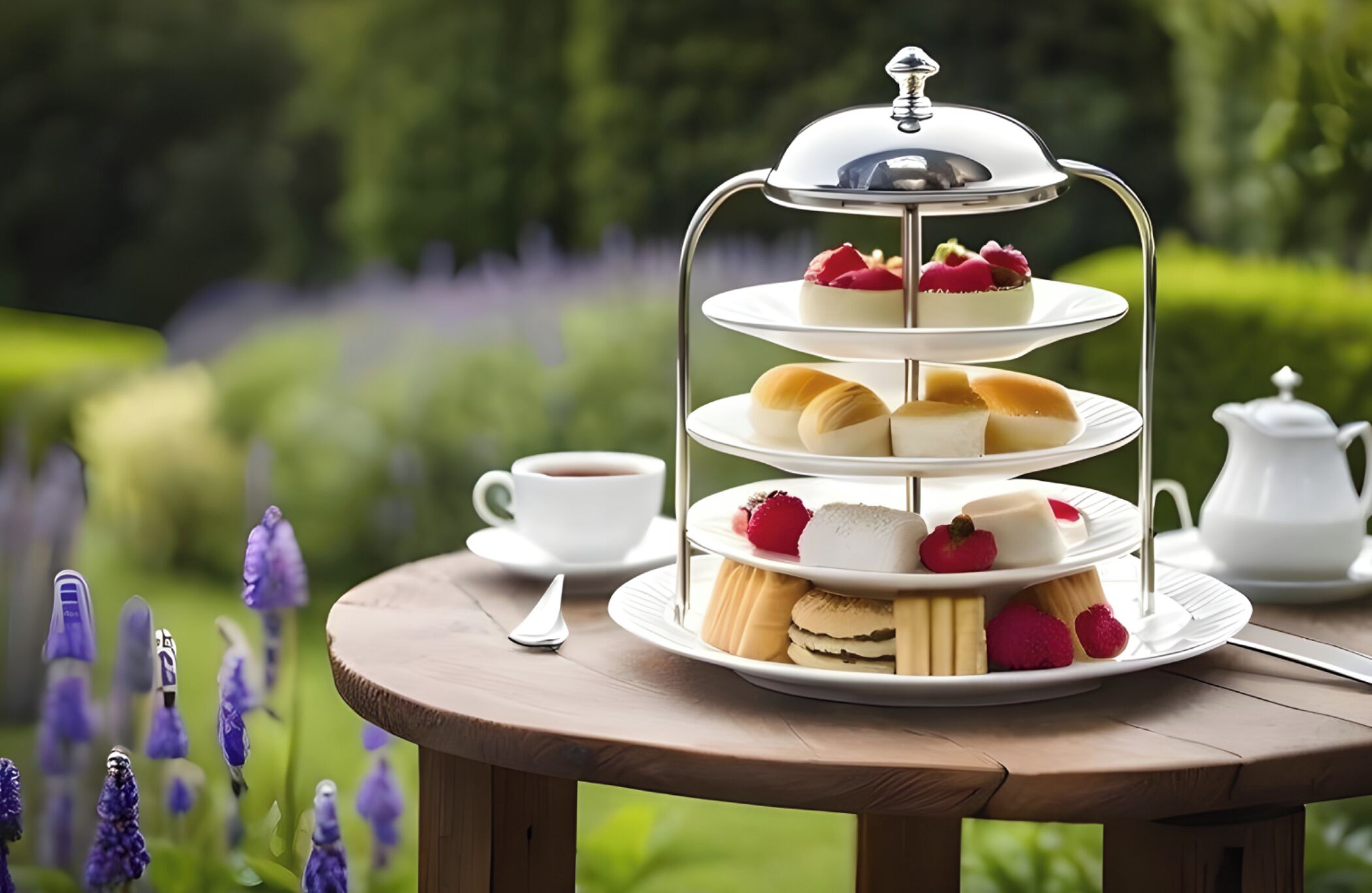 A three-tiered dessert stand with various pastries and fruits, a white teapot, and a cup of tea on a wooden table in a garden setting.