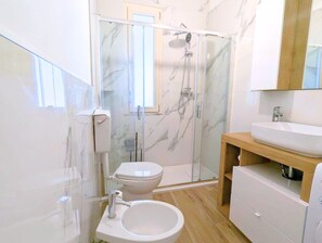 Shower, jetted tub, hair dryer, bidet