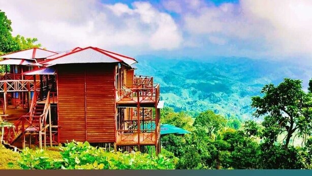 A wooden cabin with a balcony, surrounded by lush greenery and overlooking a clear blue sea. - Rock Paradise Resort (Sajek)