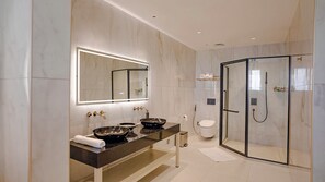 Shower, hair dryer, bathrobes, towels