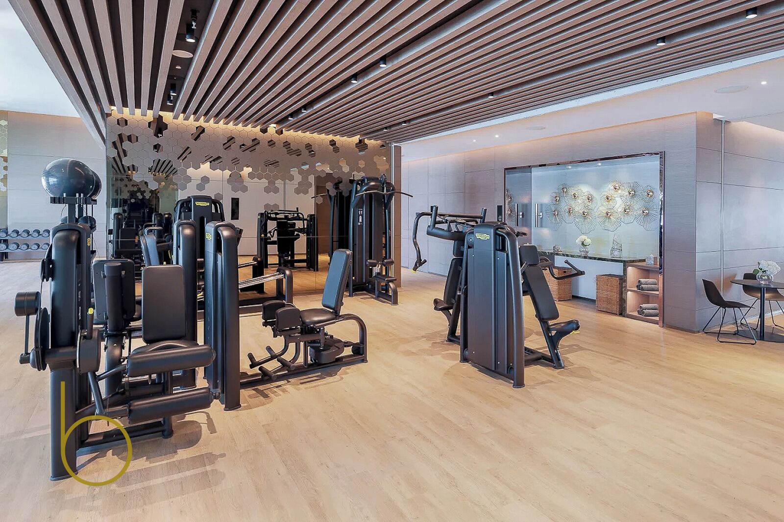 Un gimnasio moderno con diversas máquinas de ejercicio, suelo de madera y una pared decorativa con patrones hexagonales.
