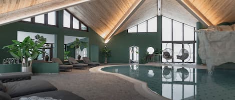 2 indoor pools, seasonal outdoor pool, pool loungers