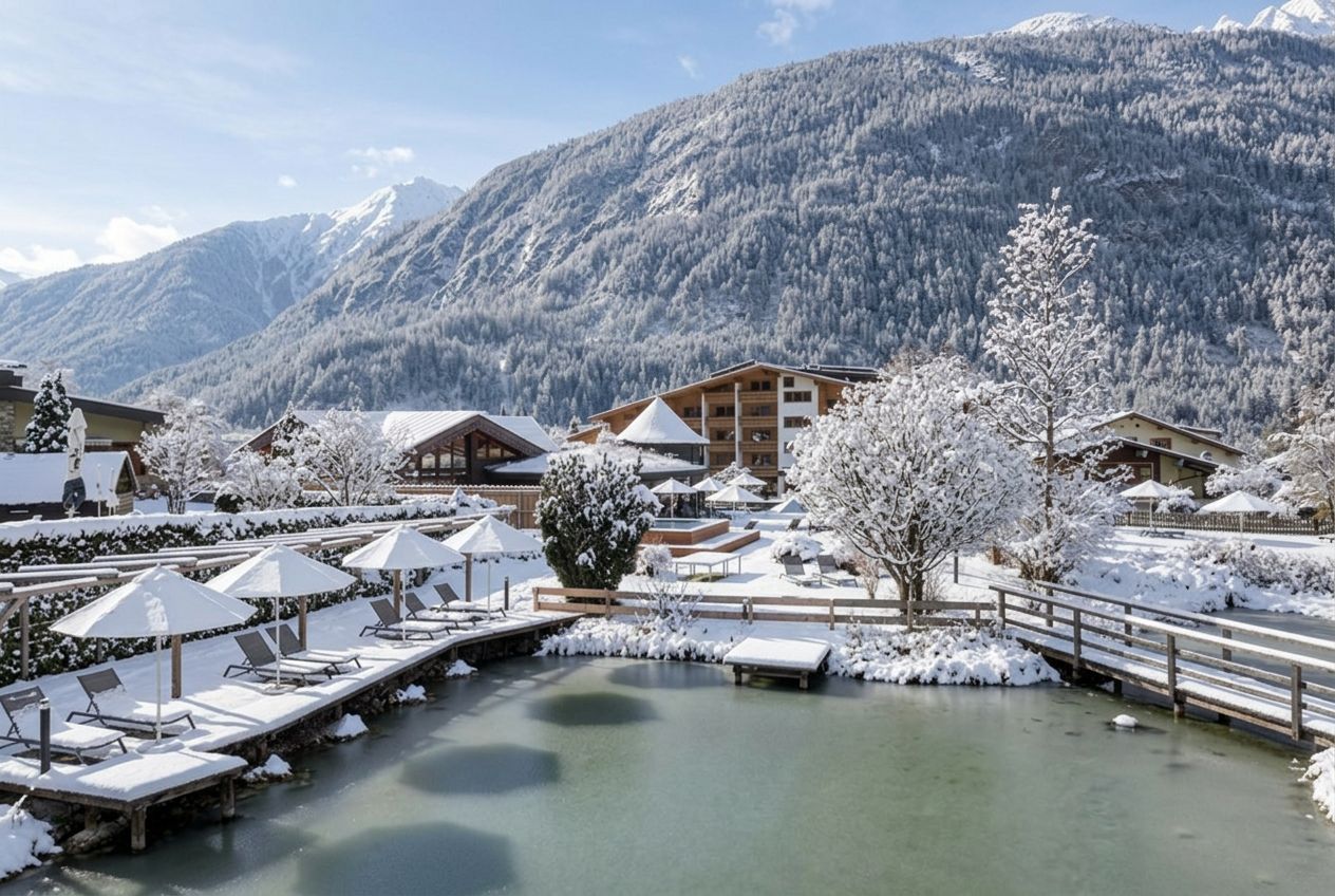 Un espacio al aire libre cubierto de nieve, con sillones de jardín y sombrillas, un puente de madera y edificios al fondo.