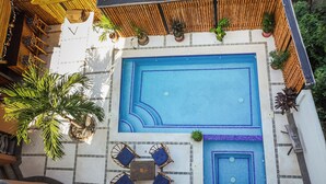 Una piscina en la azotea con suelo de baldosas, rodeada de macetas con plantas y una valla de bambú.
