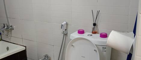 Haartrockner, Handtücher, Seife, Toilettenpapier