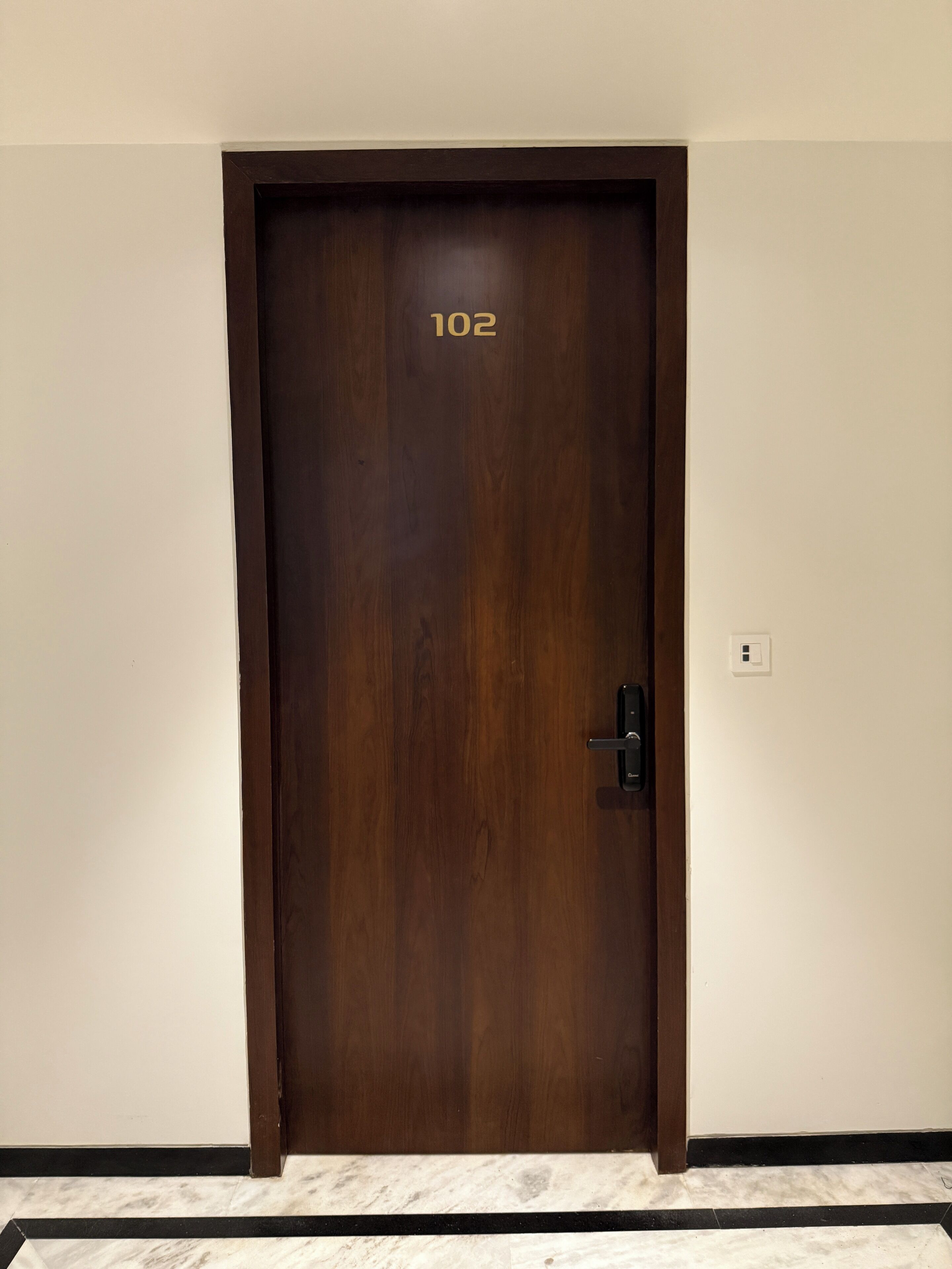 A closed wooden door with the number 102 on it, a black door handle, and a light switch on the wall to the right.