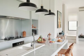 Fridge, microwave, stovetop, toaster