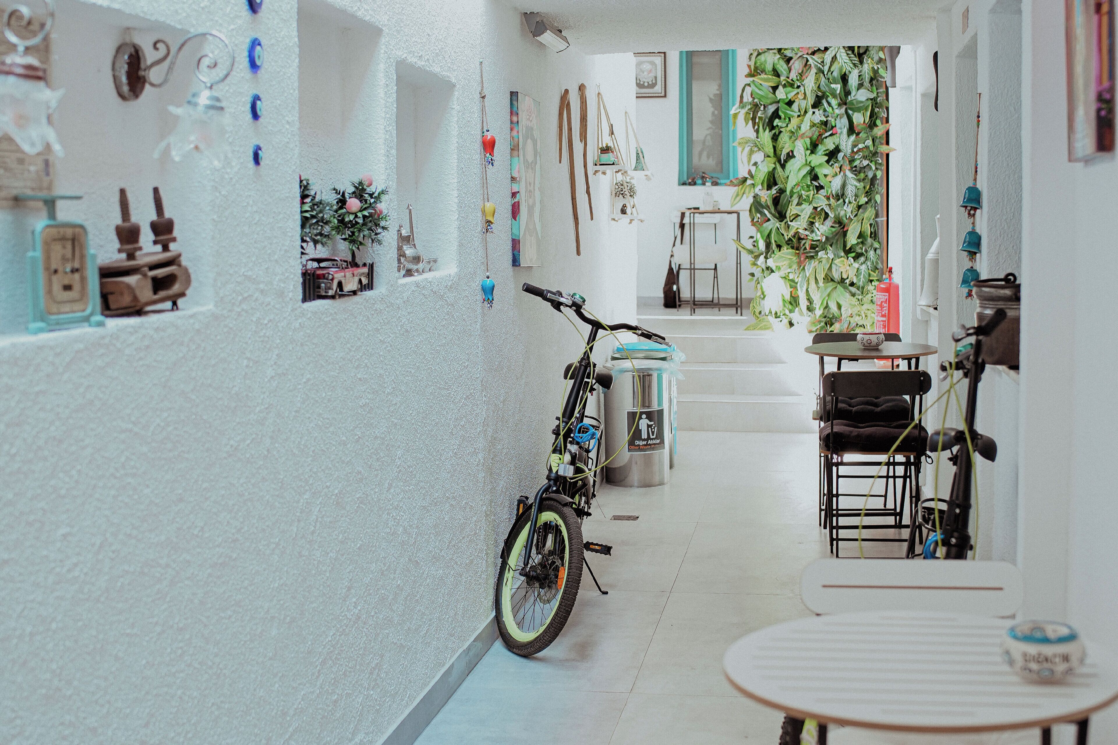 A narrow hallway with a bicycle parked on the left, a small table with a cup on the right, and a staircase leading to a room with a view of greenery.