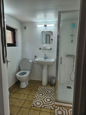 Douche, serviettes fournies, papier toilette