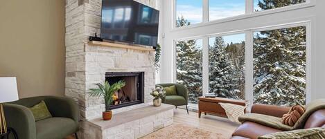 Televisión, chimenea y oficina