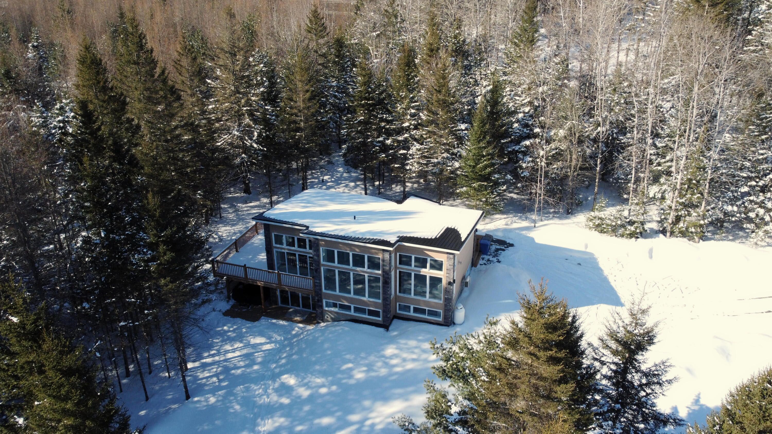 A modern two-story house surrounded by a snowy forest.