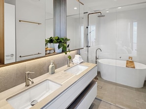 Shower, eco-friendly toiletries, hair dryer, towels