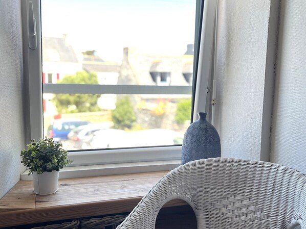 A window with a view of buildings and parked cars, a potted plant, and a wicker chair.
