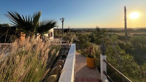 A terrace with a view of a distant landscape, including a palm tree and a clear sky. - The Ocean Breeze bungalow (Sidi Kaouki)