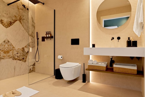 Shower, hair dryer, towels, shampoo