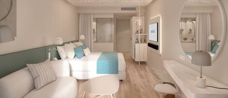 Una habitación de hotel moderna con cama, sofá, sillones, televisión y espejo.