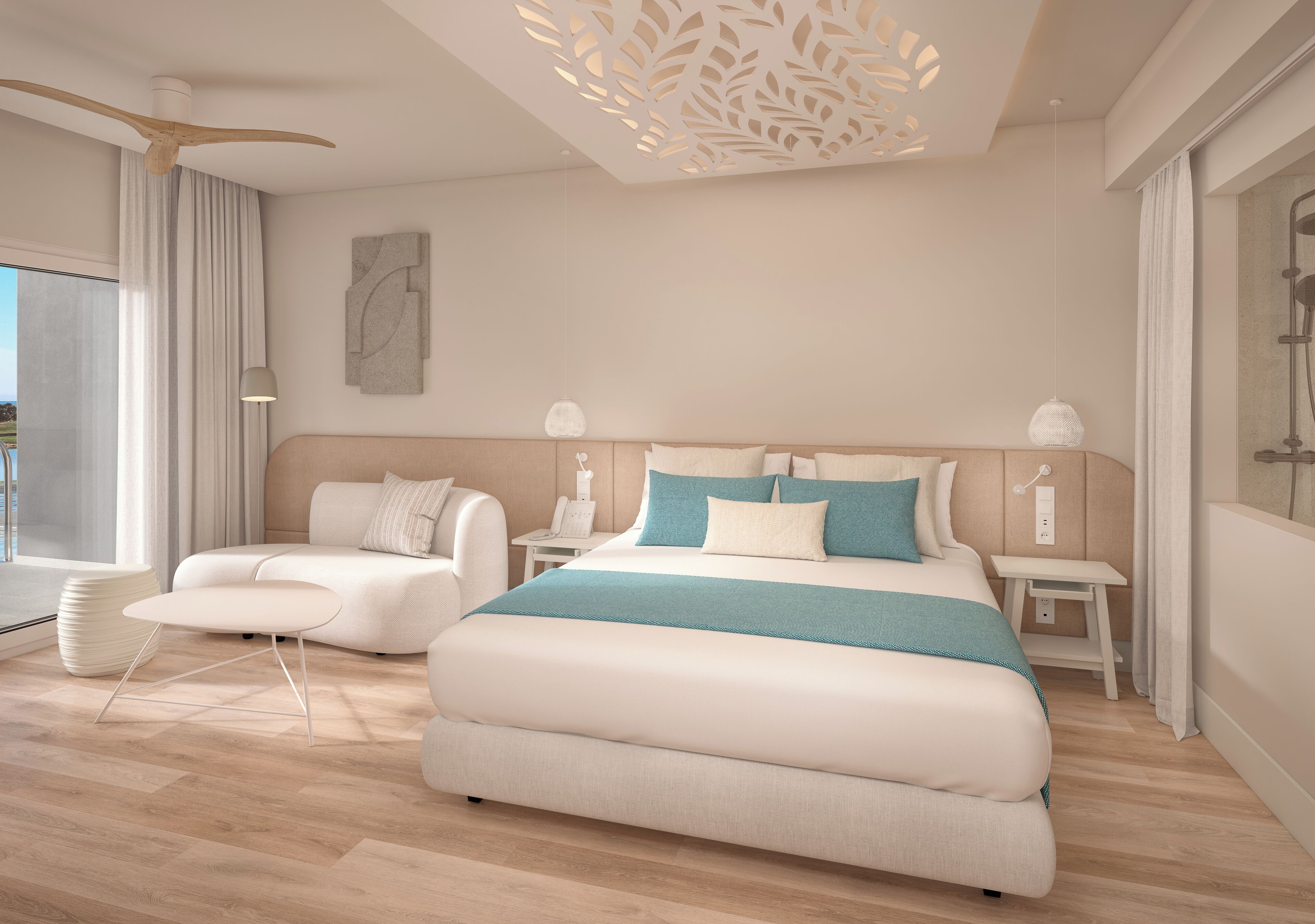 A modern bedroom with a large bed, bedside tables, a chair, and a ceiling light fixture.