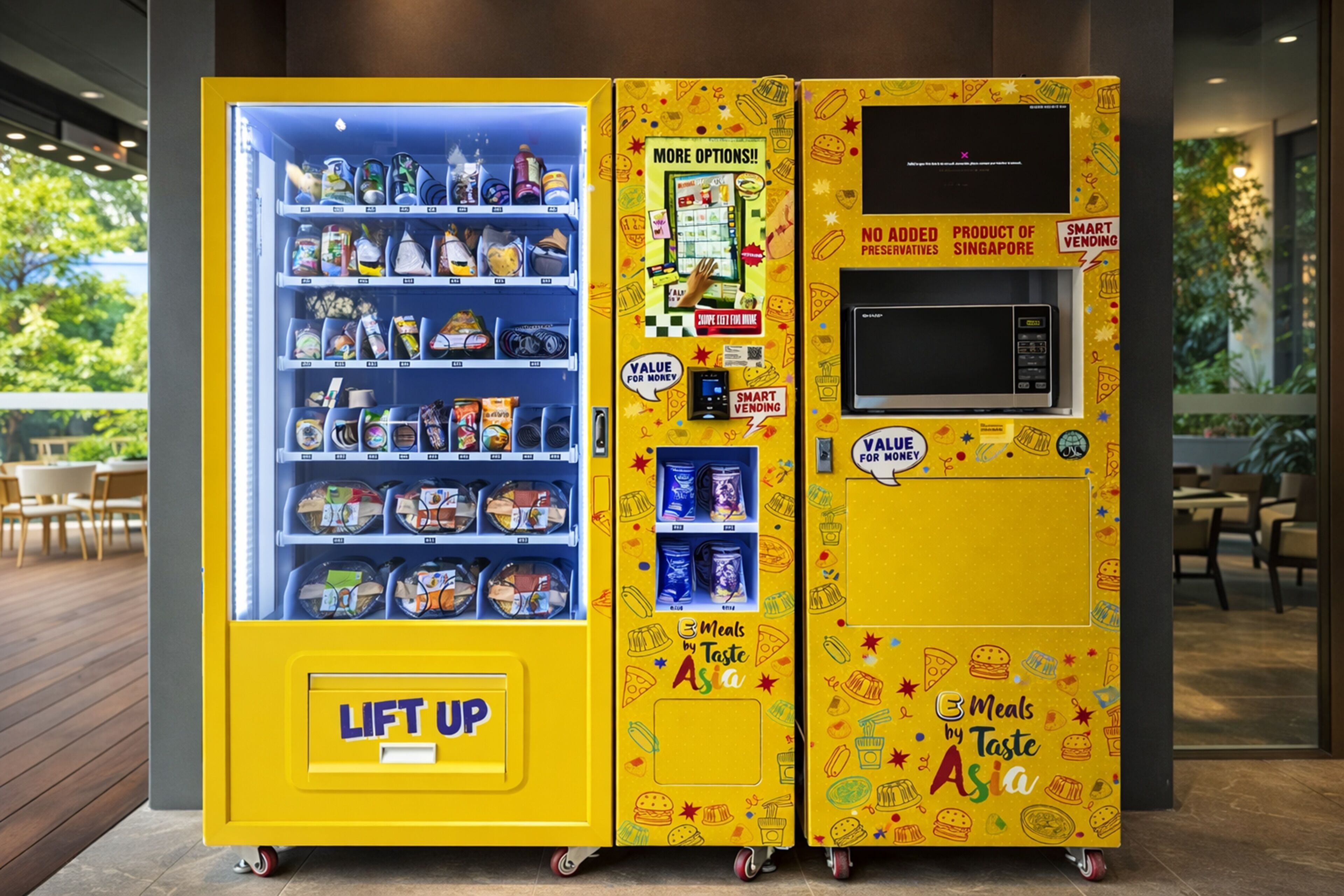 A yellow vending machine with a lift-up door, a touchscreen interface, and various food items inside.
