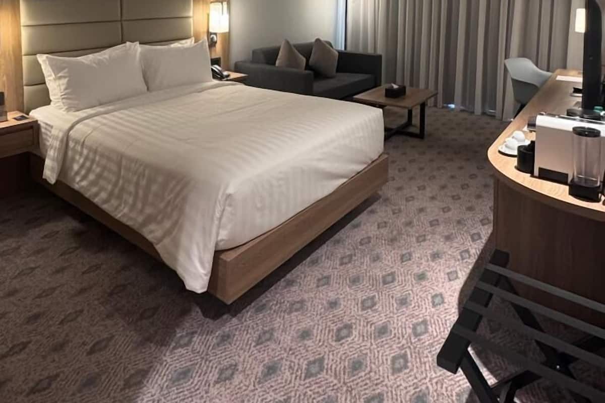 A hotel room with a large bed, a desk, a sofa, and a TV.
