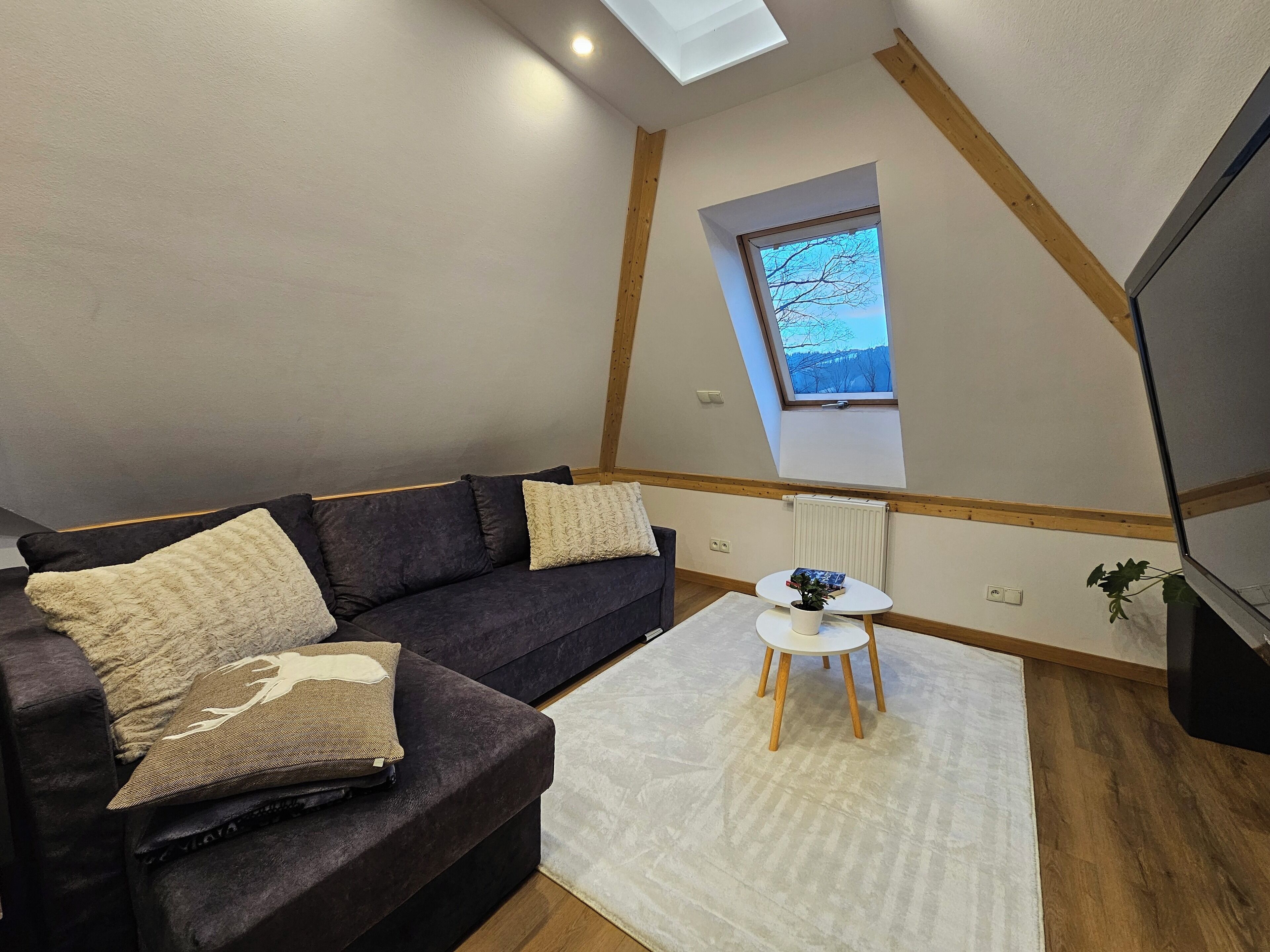 A cozy loft bedroom with a dark brown sofa, a small white table, and a skylight window.