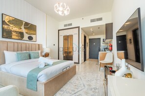 In-room safe, iron/ironing board, free WiFi, bed sheets - High-Floor Studio with Community View and High-End Amenities, Gemz by Danube, Al Furjan (Dubai)