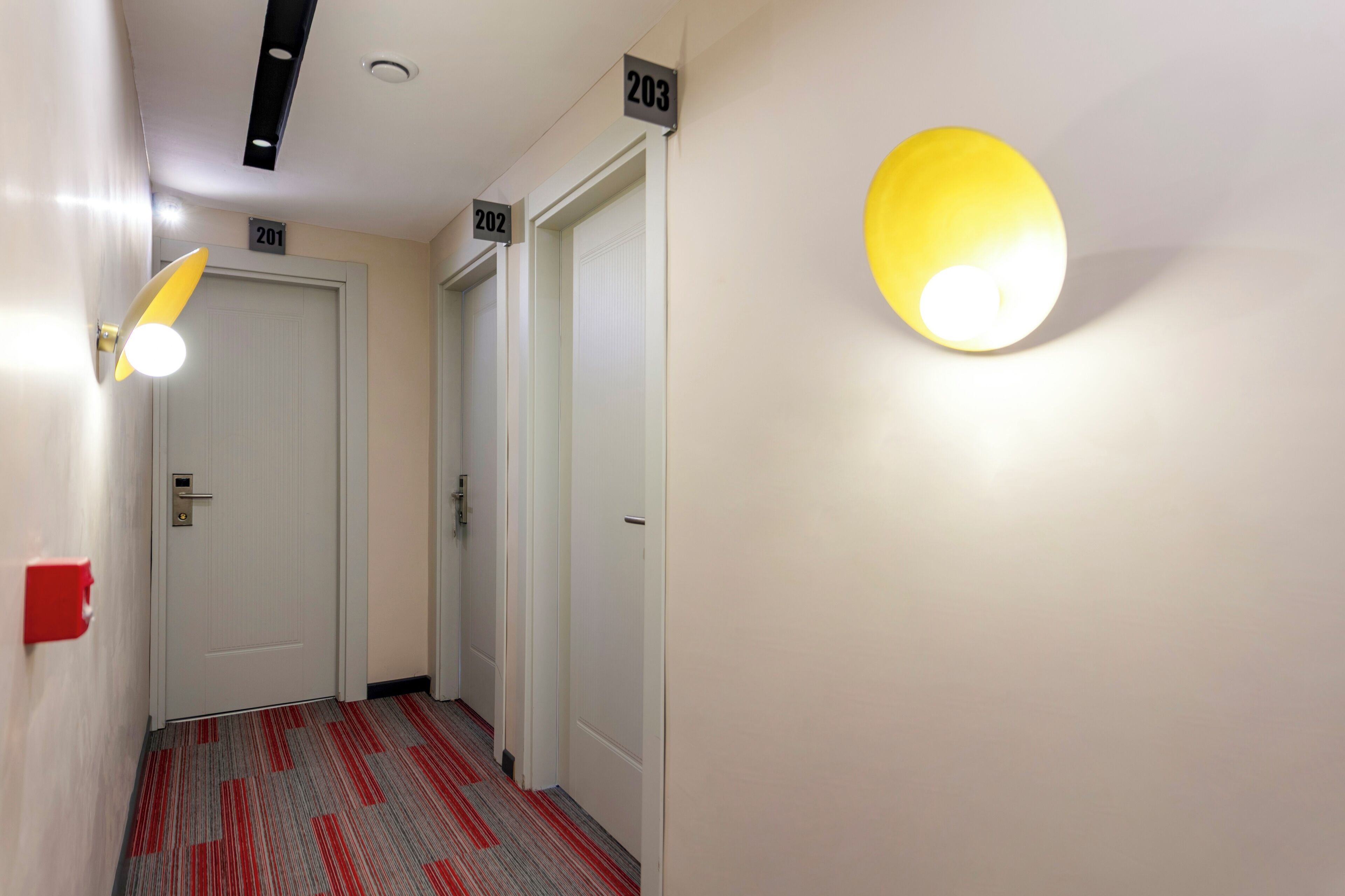 A hallway with doors numbered 201, 202, and 203, a red and gray striped carpet, and a yellow wall-mounted light fixture.