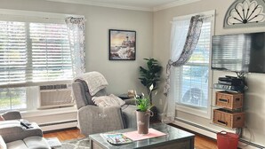 Un salón con un sofá gris, una mesa de centro y un televisor. Hay una ventana con persianas y una planta en el alféizar.