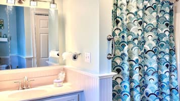 Hair dryer, towels, soap, toilet paper