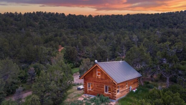 A wooden cabin surrounded by dense forest, with a clear view of the surrounding trees and a sunset in the background.
