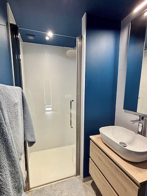 Shower, hair dryer, towels, soap