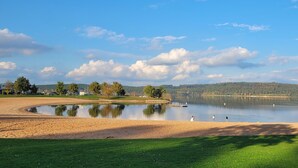 Vista de un lago con playa de arena, zonas verdes y una colina boscosa al fondo.