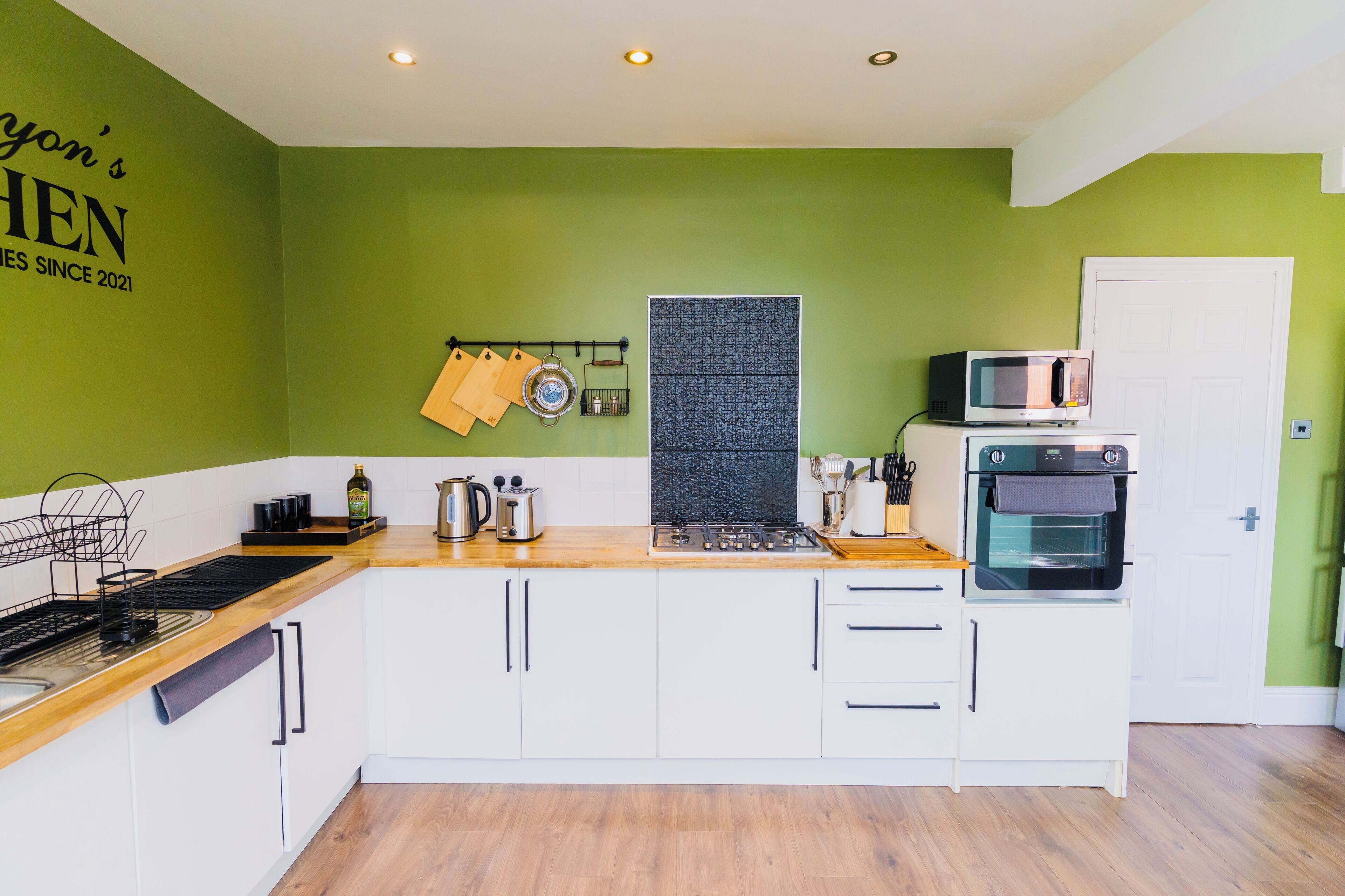 Fridge, microwave, oven, electric kettle