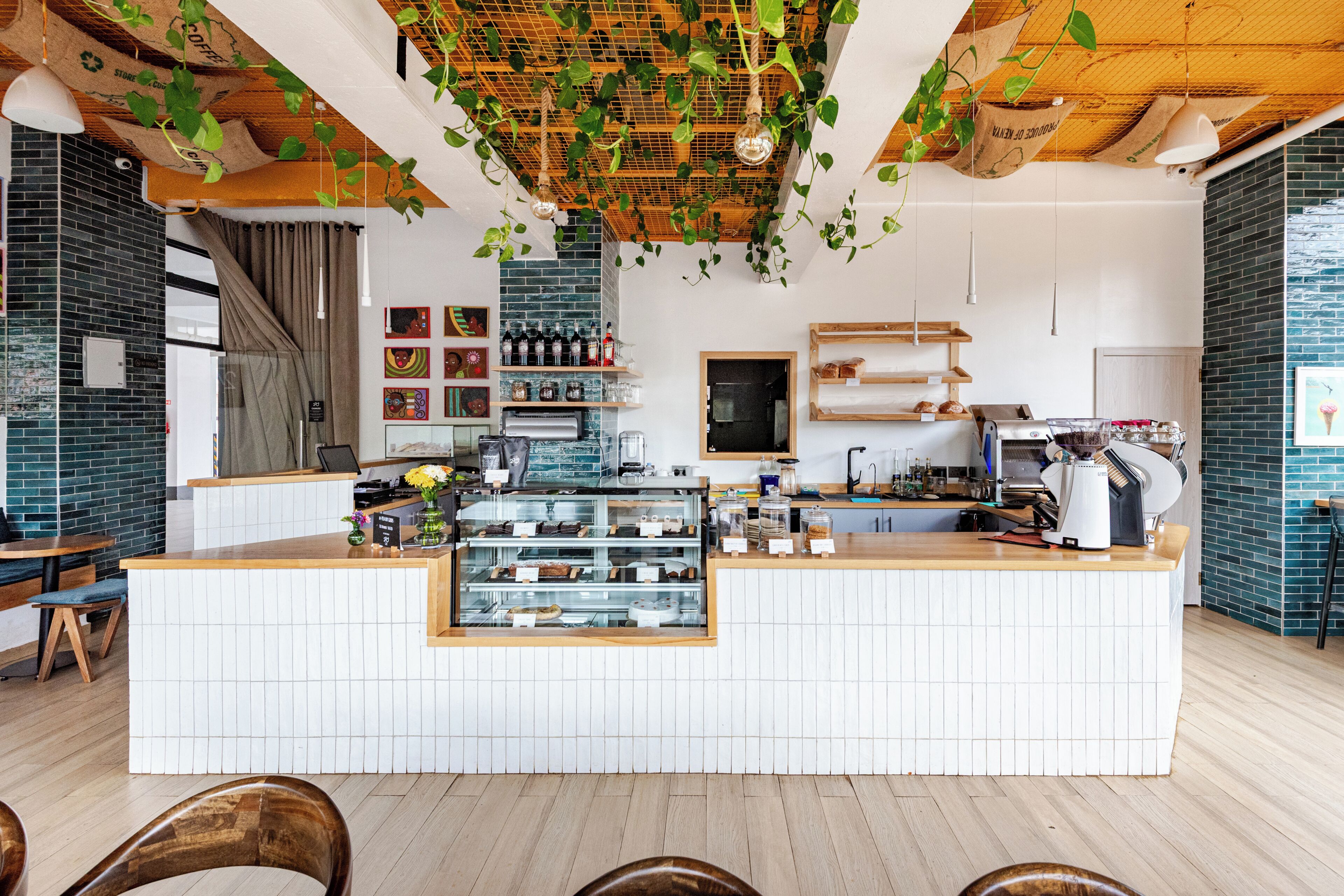 A modern cafe with a wooden counter, white tiled backsplash, and hanging plants.