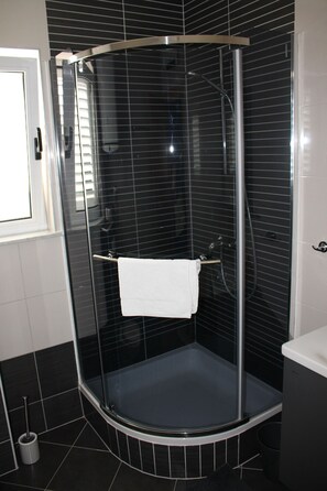 Douche, sèche-cheveux, serviettes fournies, papier toilette