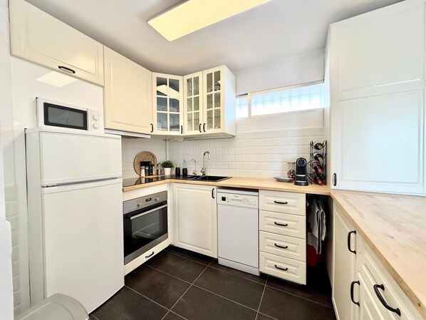 Fridge, microwave, dishwasher
