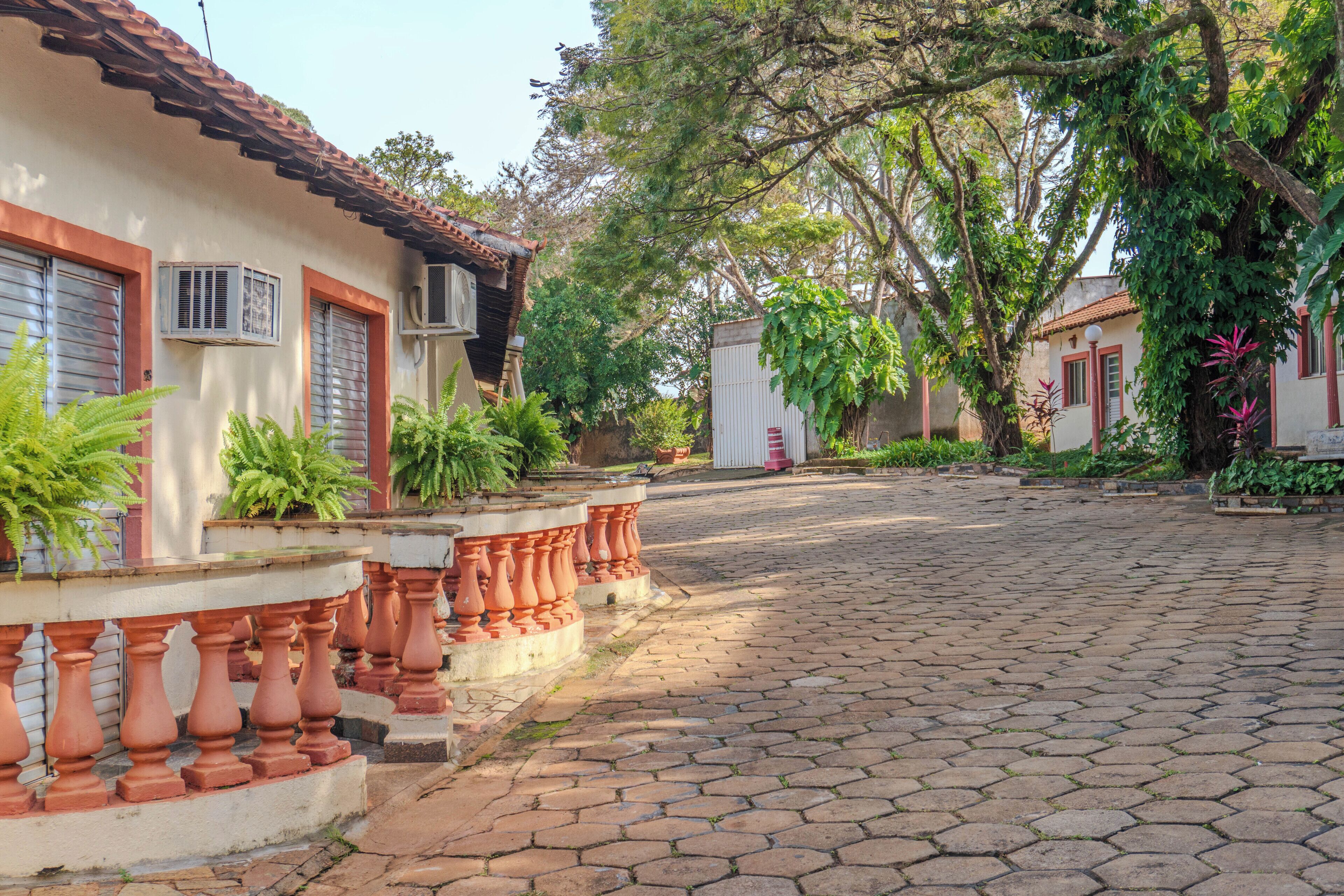 A paved courtyard with a tiled roof, potted plants, and a traditional building with a tiled roof and window shutters.