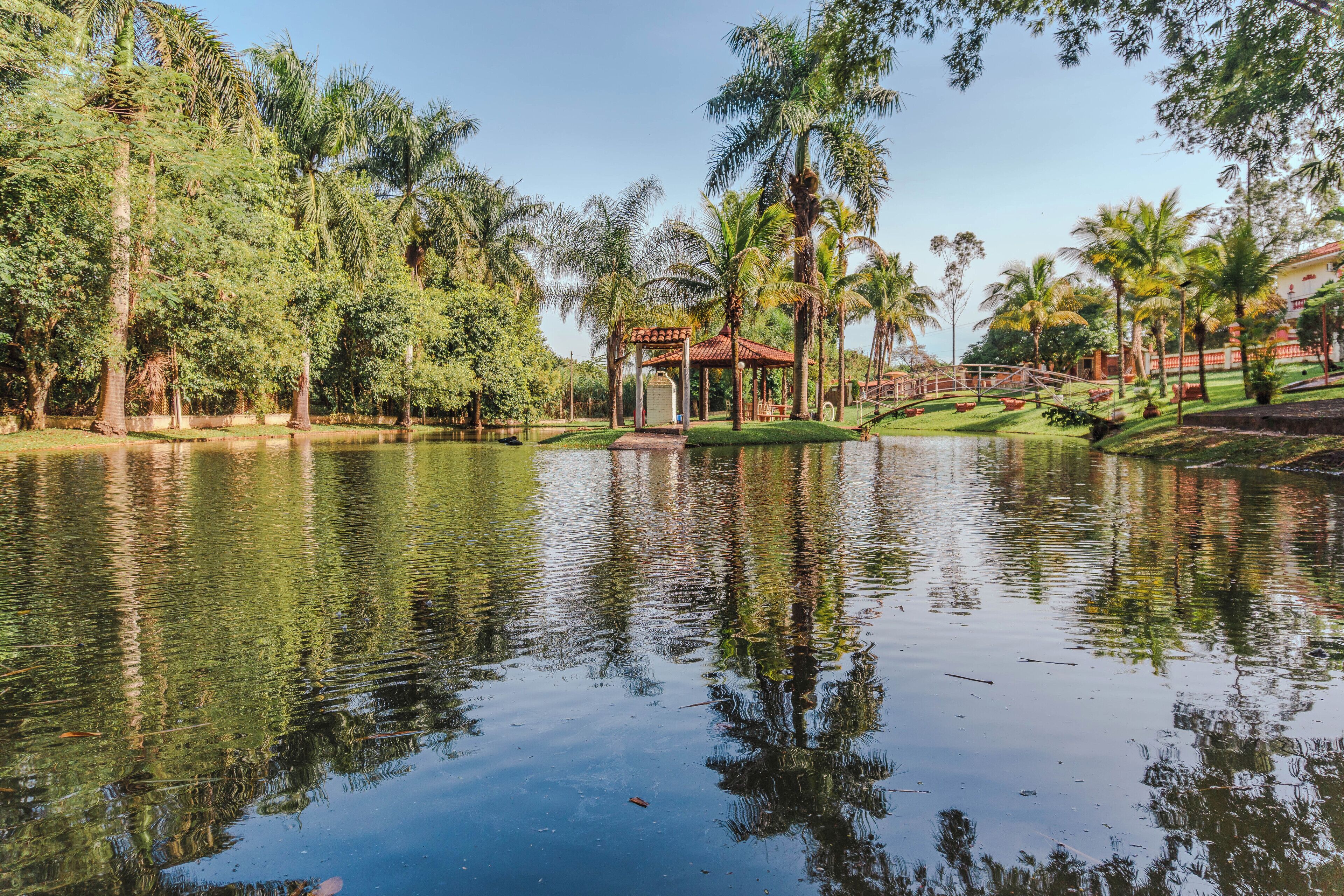 Un entorno tranquilo junto al lago, con un pabellón, palmeras y un césped cuidado.